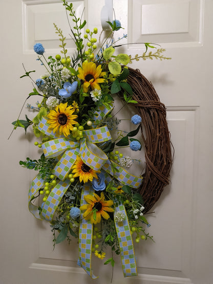 Sunflower wreath on Oval Grapevine